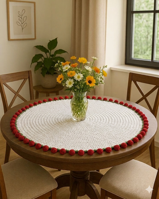Handmade crochet table cover round beautiful flower bouquet