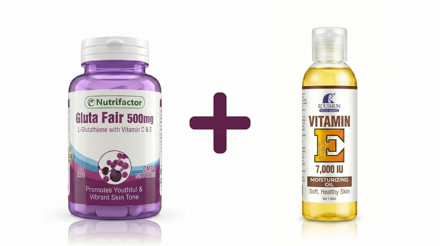 Glowing whitening bomb combo : Gluta fair whitening supplement + vitamin E body oil