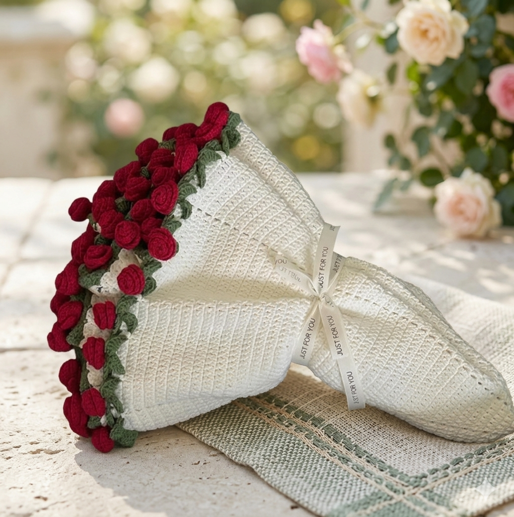Handmade crochet table cover round beautiful flower bouquet