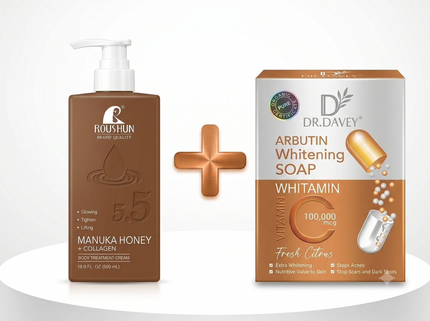 Combo honey manuka body treatment lotion + arbutin whitening vitamin C soap