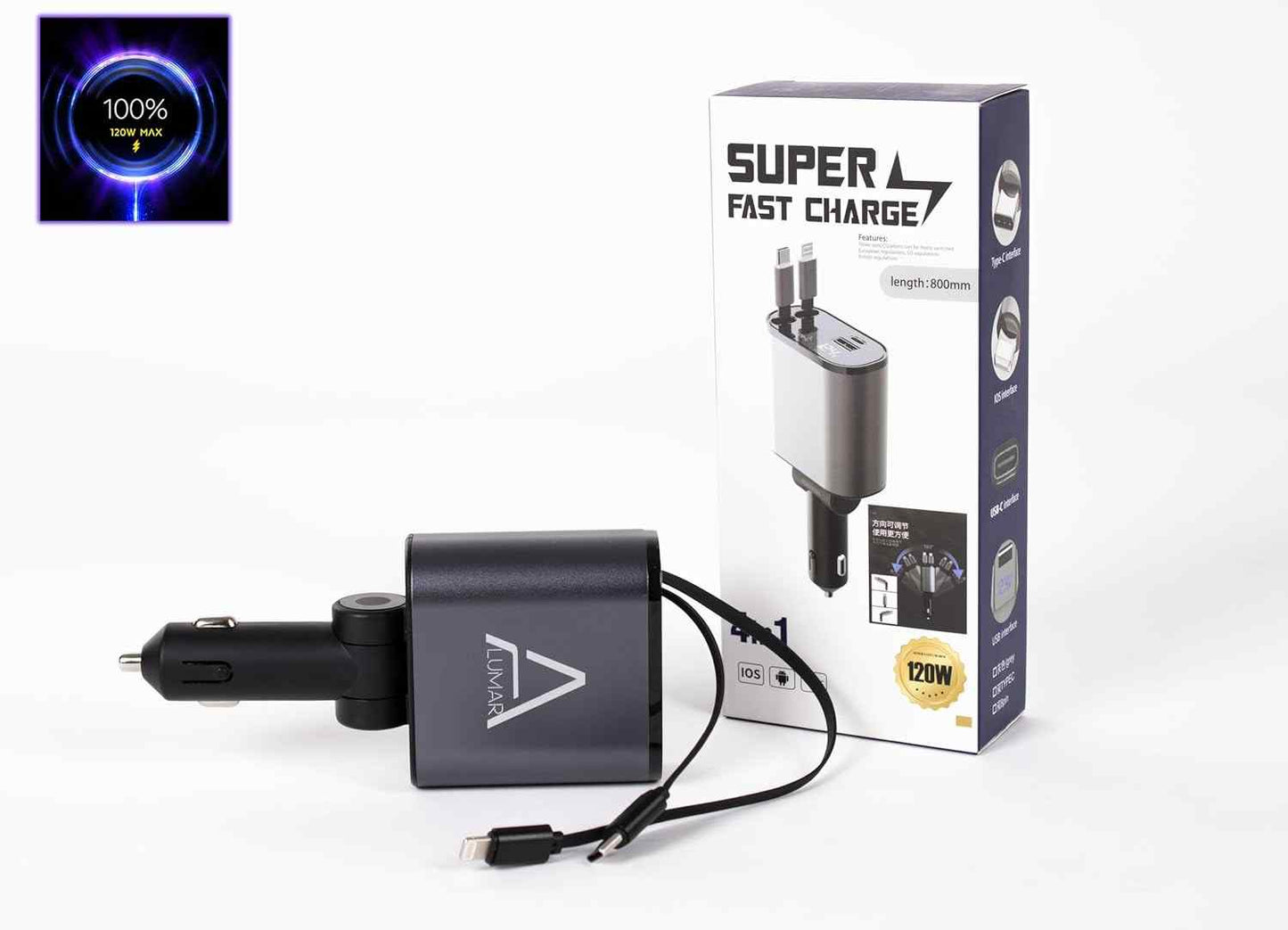 4 Fast Charging Ports with 80cm Retractable Cables