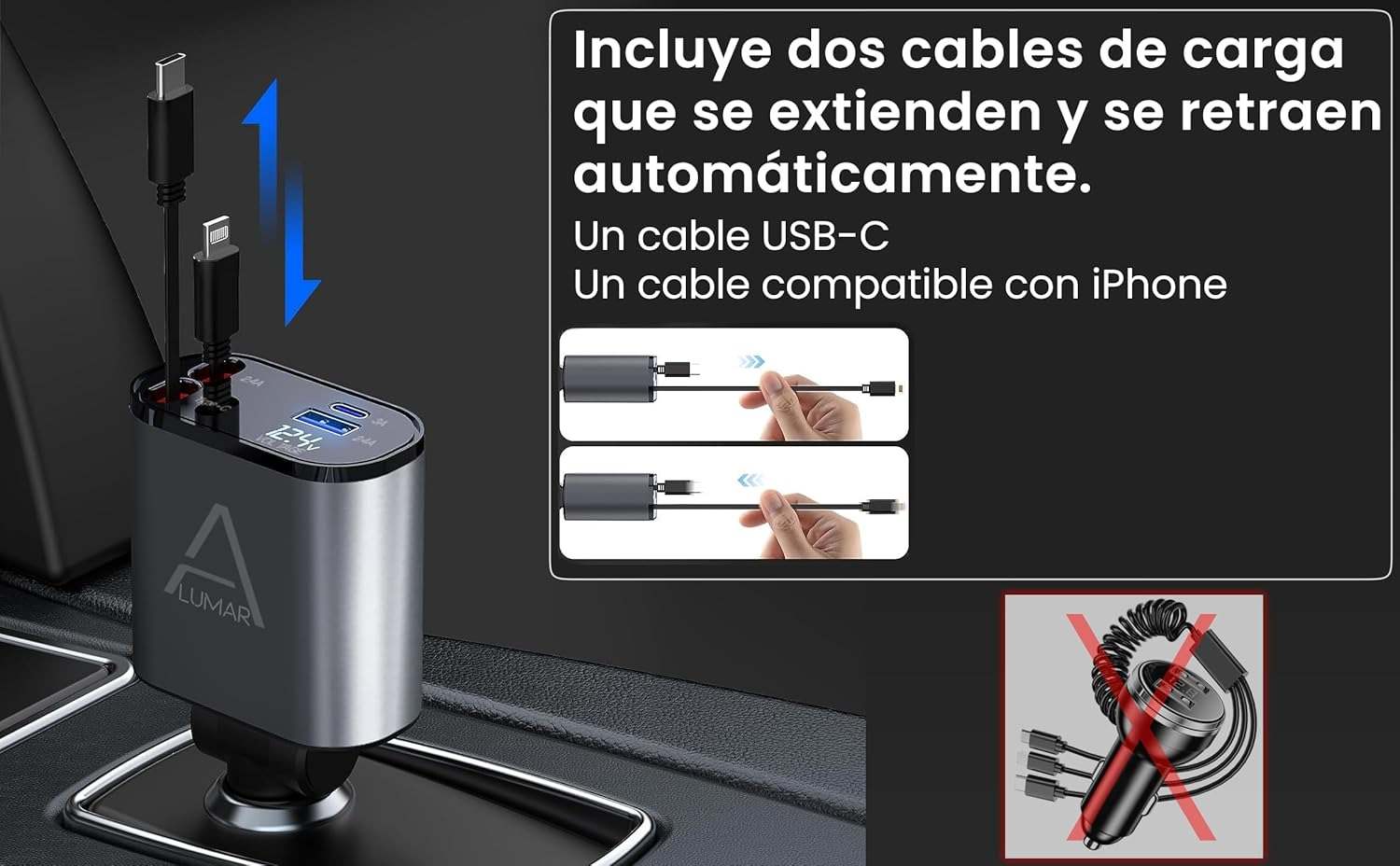 4 Fast Charging Ports with 80cm Retractable Cables