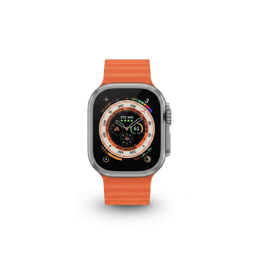 A smartwatch with a silver-toned metal case and a bright orange silicone strap, shown on a clean white background. The watch face displays a digital multicolor watch face.