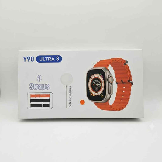 A white retail box for Y90 Ultra 3 smartwatch bands, featuring an illustration of an orange watch band on a silver smartwatch, with text indicating 3 straps and wireless charging.