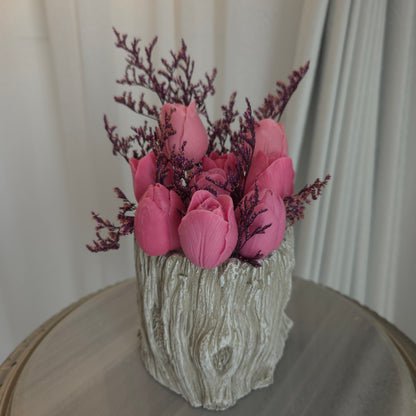 مزهرية اسمنت على شكل جذع شجرة مع ورد شمع معطر | Cement Tree Trunk Vase with Scented Wax Flower