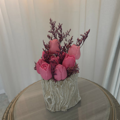 مزهرية اسمنت على شكل جذع شجرة مع ورد شمع معطر | Cement Tree Trunk Vase with Scented Wax Flower