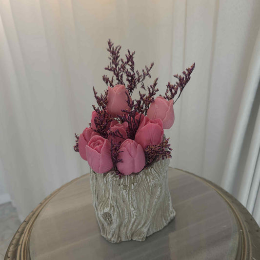 مزهرية اسمنت على شكل جذع شجرة مع ورد شمع معطر | Cement Tree Trunk Vase with Scented Wax Flower