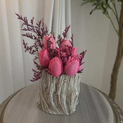 مزهرية اسمنت على شكل جذع شجرة مع ورد شمع معطر | Cement Tree Trunk Vase with Scented Wax Flower