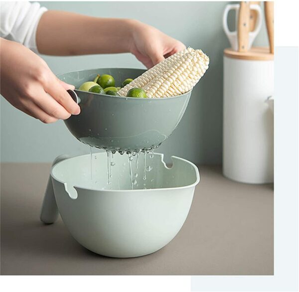 9-in-1 vegetable cutter with 7 blades and strainer bowl for slicing, chopping, and draining fruits, vegetables, and pasta