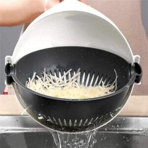 9-in-1 vegetable cutter with 7 blades and strainer bowl for slicing, chopping, and draining fruits, vegetables, and pasta