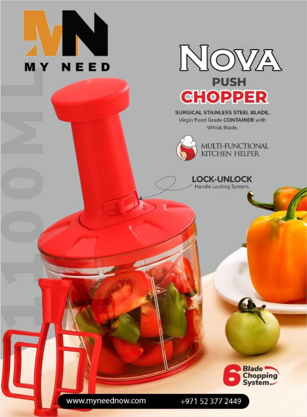 Nova Push Chopper with stainless steel blades and food-grade container