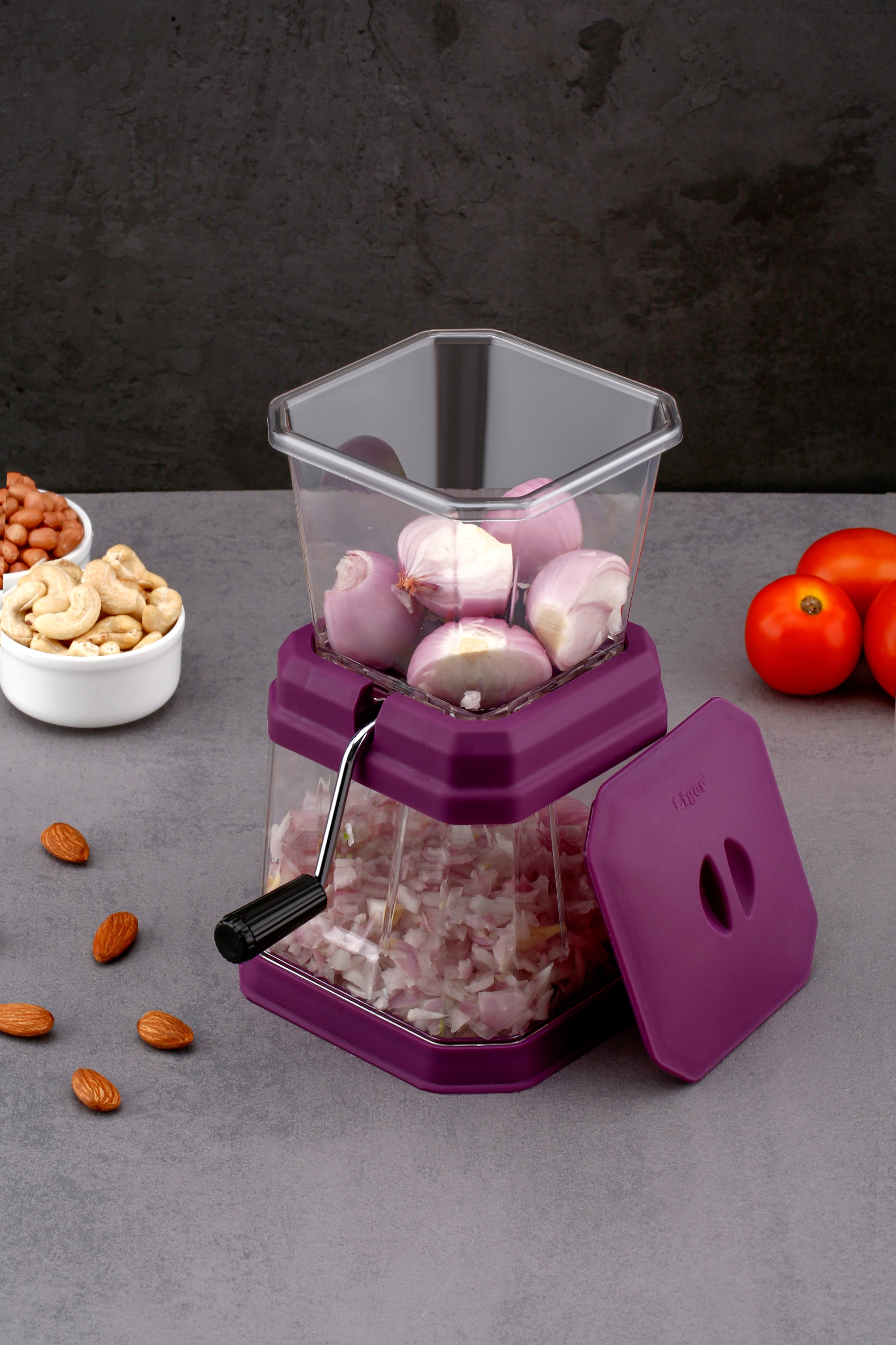 Classic Onion Chopper with manual crank handle and stainless steel blades