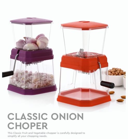 Classic Onion Chopper with manual crank handle and stainless steel blades