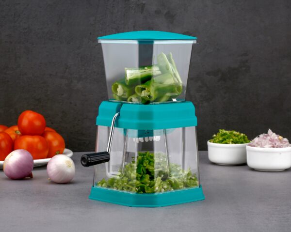 Classic Onion Chopper with manual crank handle and stainless steel blades