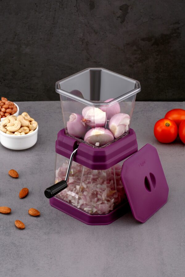 Classic Onion Chopper with manual crank handle and stainless steel blades