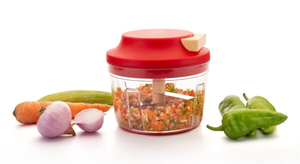 Turbo Pull Chopper with red lid, pull handle, and stainless steel blades