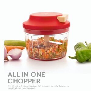 Turbo Pull Chopper with red lid, pull handle, and stainless steel blades