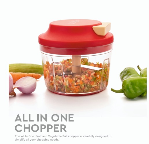 Turbo Pull Chopper with red lid, pull handle, and stainless steel blades
