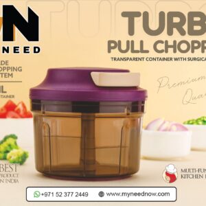 Turbo Pull Chopper with red lid, pull handle, and stainless steel blades