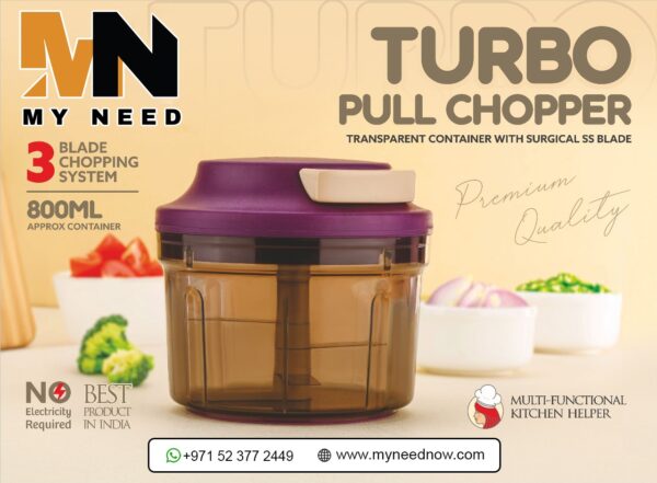 Turbo Pull Chopper with red lid, pull handle, and stainless steel blades