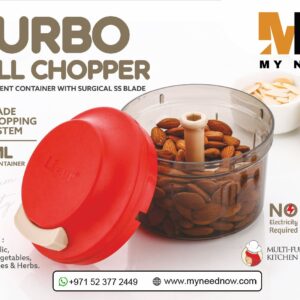 Turbo Pull Chopper with red lid, pull handle, and stainless steel blades
