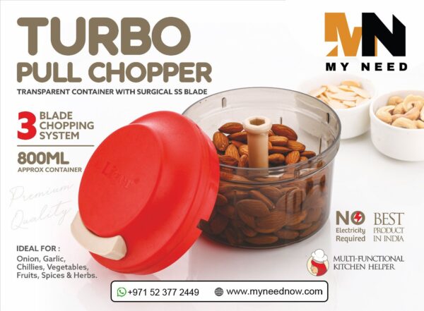 Turbo Pull Chopper with red lid, pull handle, and stainless steel blades