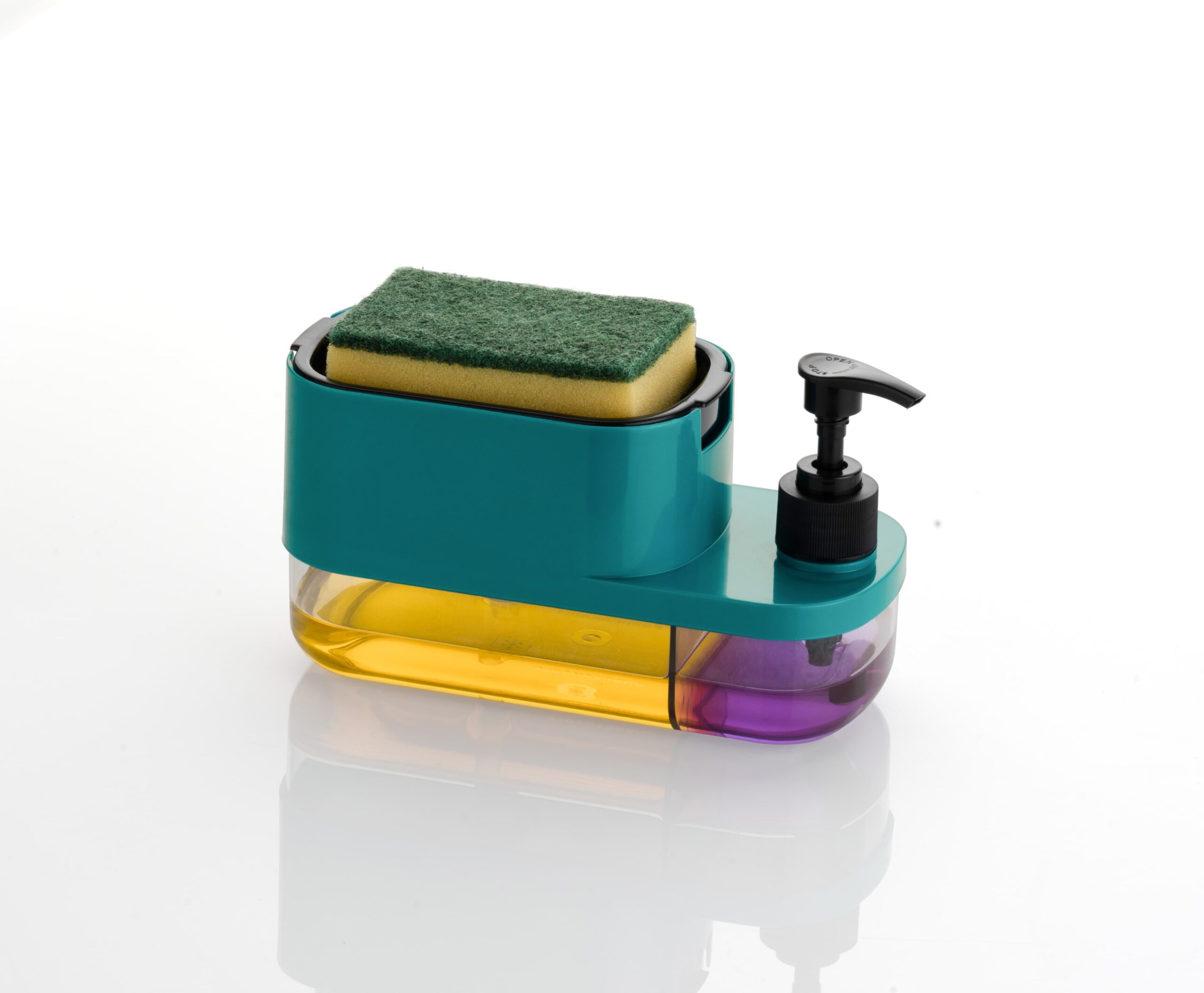 3-in-1 Soap Dispenser with dual compartments, sponge holder, and manual pump