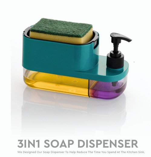 3-in-1 Soap Dispenser with dual compartments, sponge holder, and manual pump