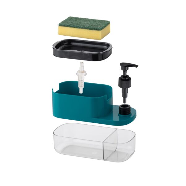 3-in-1 Soap Dispenser with dual compartments, sponge holder, and manual pump