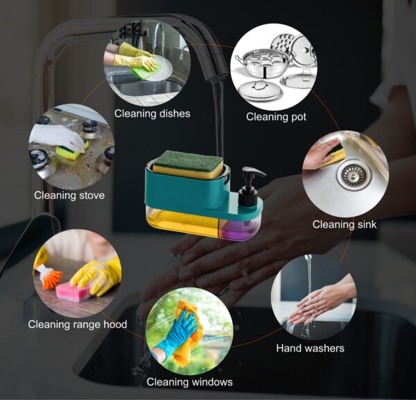 3-in-1 Soap Dispenser with dual compartments, sponge holder, and manual pump