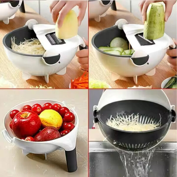 9-in-1 vegetable cutter with 7 blades and strainer bowl for slicing, chopping, and draining fruits, vegetables, and pasta