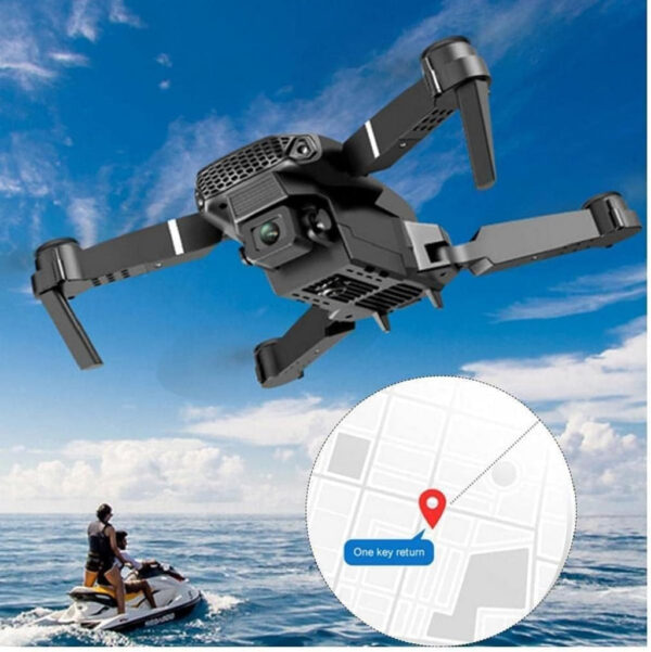 E88 Pro 4K drone and accessories including controller, battery, and propellers