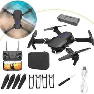 E88 Pro 4K drone and accessories including controller, battery, and propellers