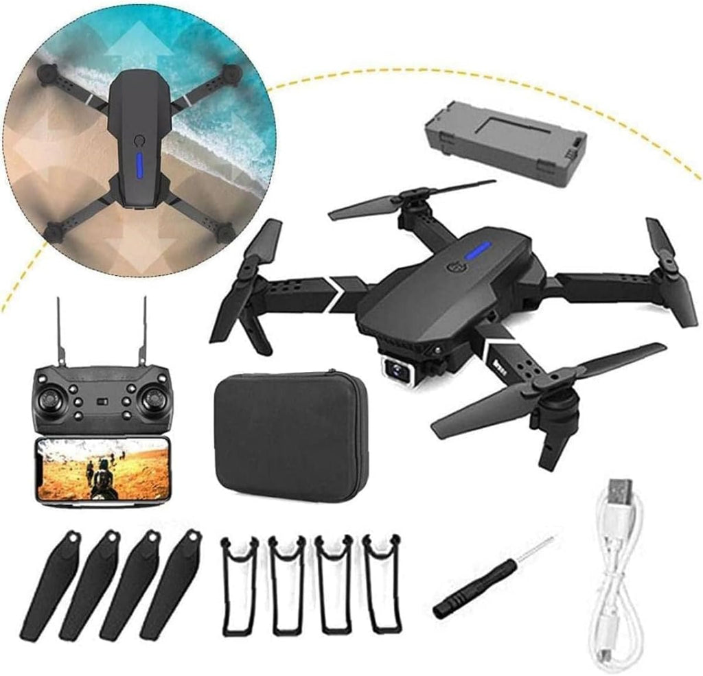 E88 Pro 4K drone and accessories including controller, battery, and propellers