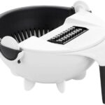 9-in-1 vegetable cutter with 7 blades and strainer bowl for slicing, chopping, and draining fruits, vegetables, and pasta