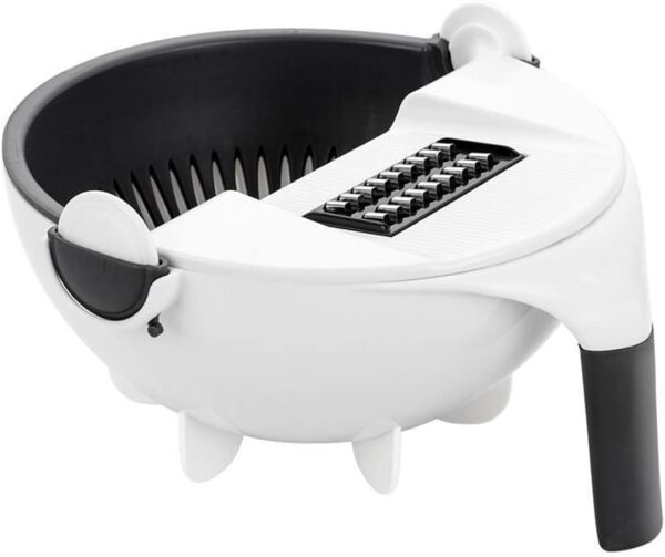 9-in-1 Multipurpose Vegetable Cutter and Strainer Bowl - Kitchen Slicer & Chopper Set 9-in-1 vegetable cutter with 7 blades and strainer bowl for slicing, chopping, and draining fruits, vegetables, and pasta