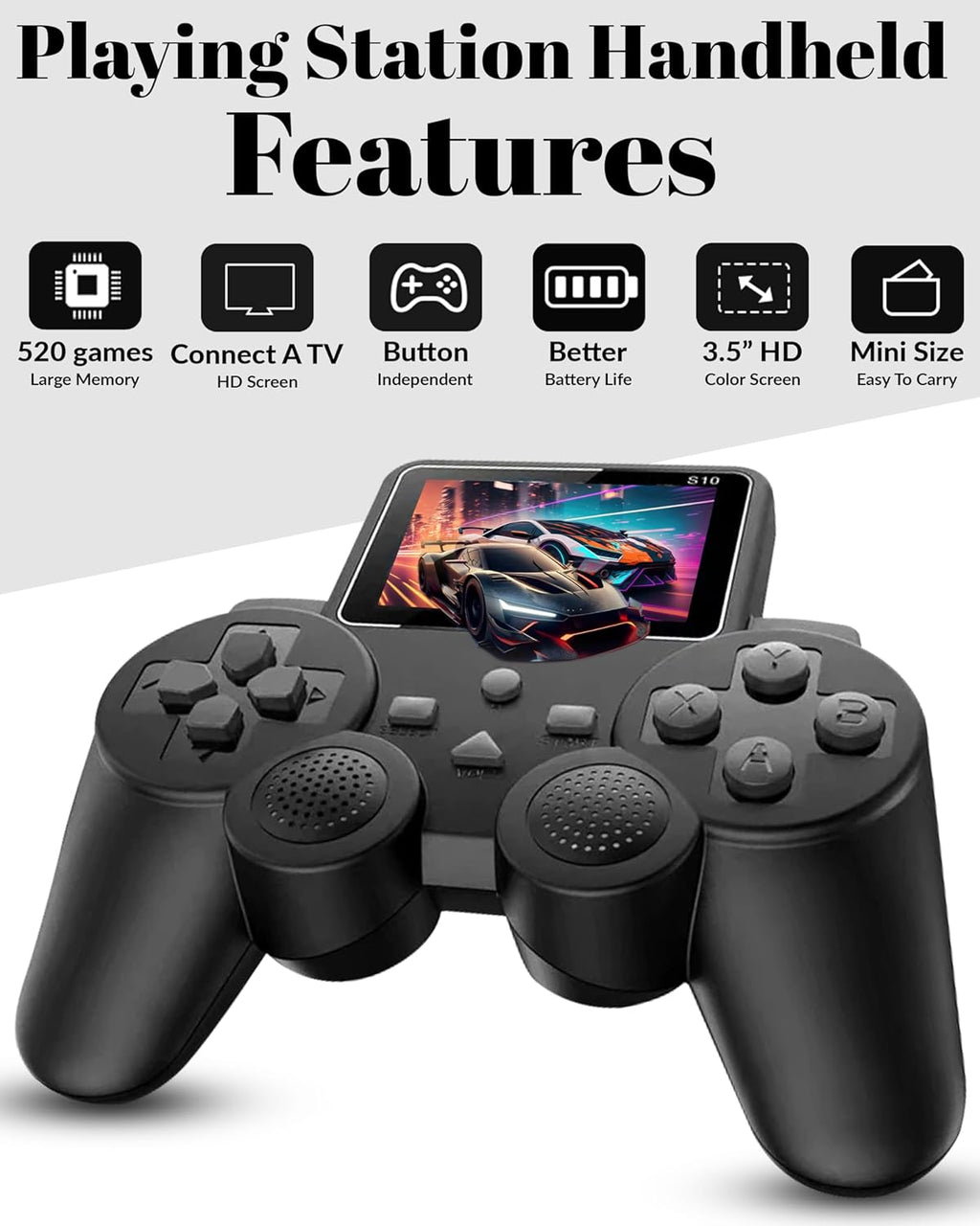 PlayingStation retro handheld console with game on 2.5-inch screen