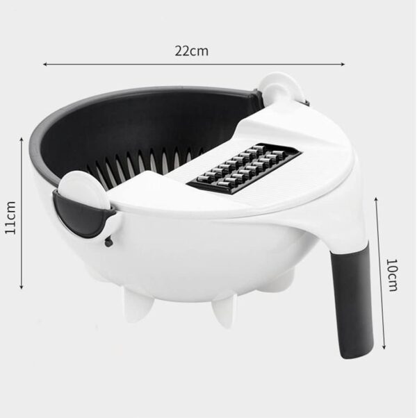 9-in-1 vegetable cutter with 7 blades and strainer bowl for slicing, chopping, and draining fruits, vegetables, and pasta