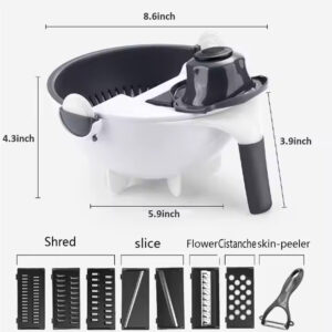 9-in-1 vegetable cutter with 7 blades and strainer bowl for slicing, chopping, and draining fruits, vegetables, and pasta