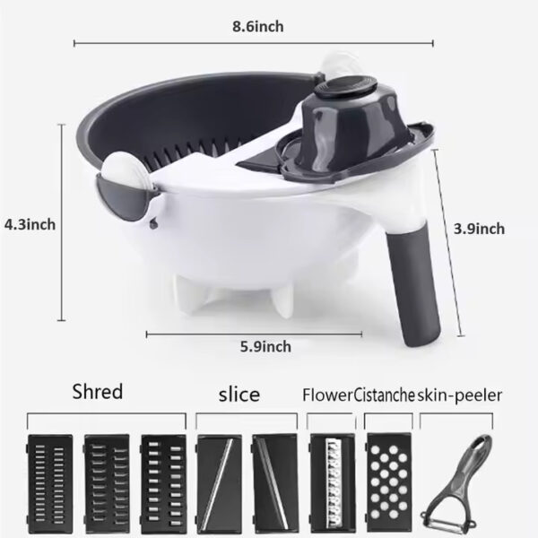 9-in-1 vegetable cutter with 7 blades and strainer bowl for slicing, chopping, and draining fruits, vegetables, and pasta